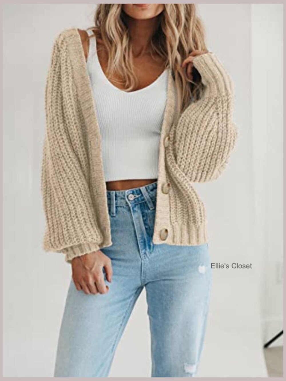 Chunky Knit Open Front Cardigan Long Sleeve Button V-Neck Loose Short - Picture 4 of 7